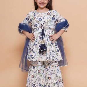 White Floral Print Kids Ethnic Set