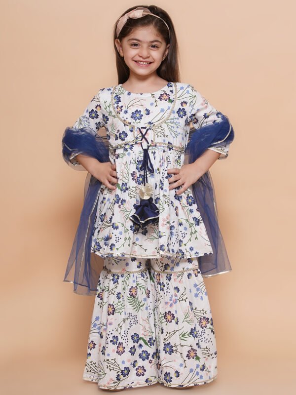 White Floral Print Kids Ethnic Set