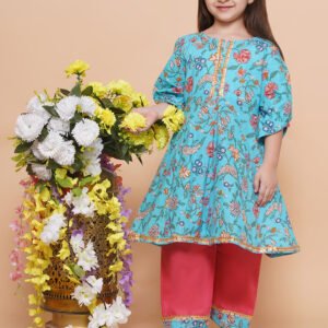 Girls Skye Blue Floral Kurti Set