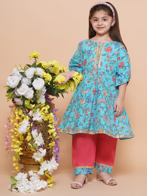 Girls Skye Blue Floral Kurti Set